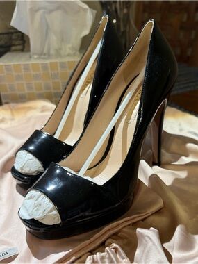 Prada Black Patent Leather Peep-Toe Pumps